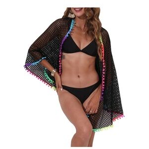 Women Crochet Hollow Out Fish Net Swimsuit Coverup Tassel Knit Sarong Swimwear